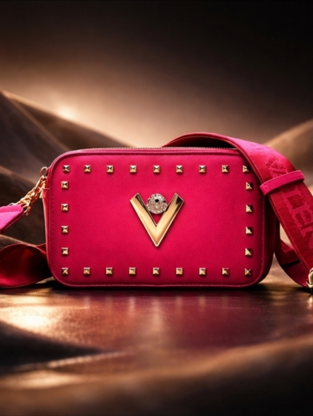 NWT Valentino Orlando Hot Pink Studded Camera Crossbody Gold V Logo - Picture 12 of 16